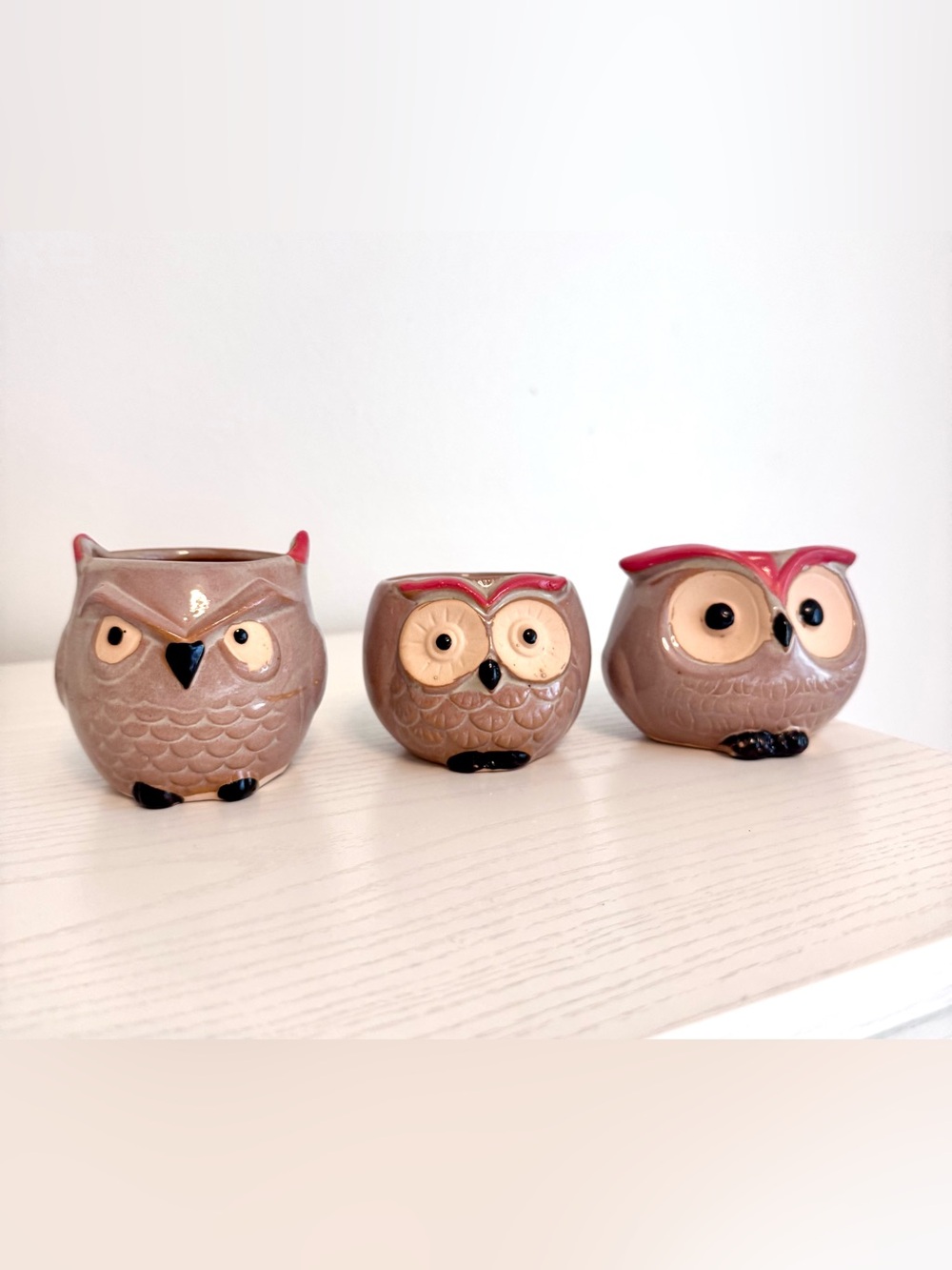 Set of 3 Ceramic Small Owl  Planters - Brown with Red Accents